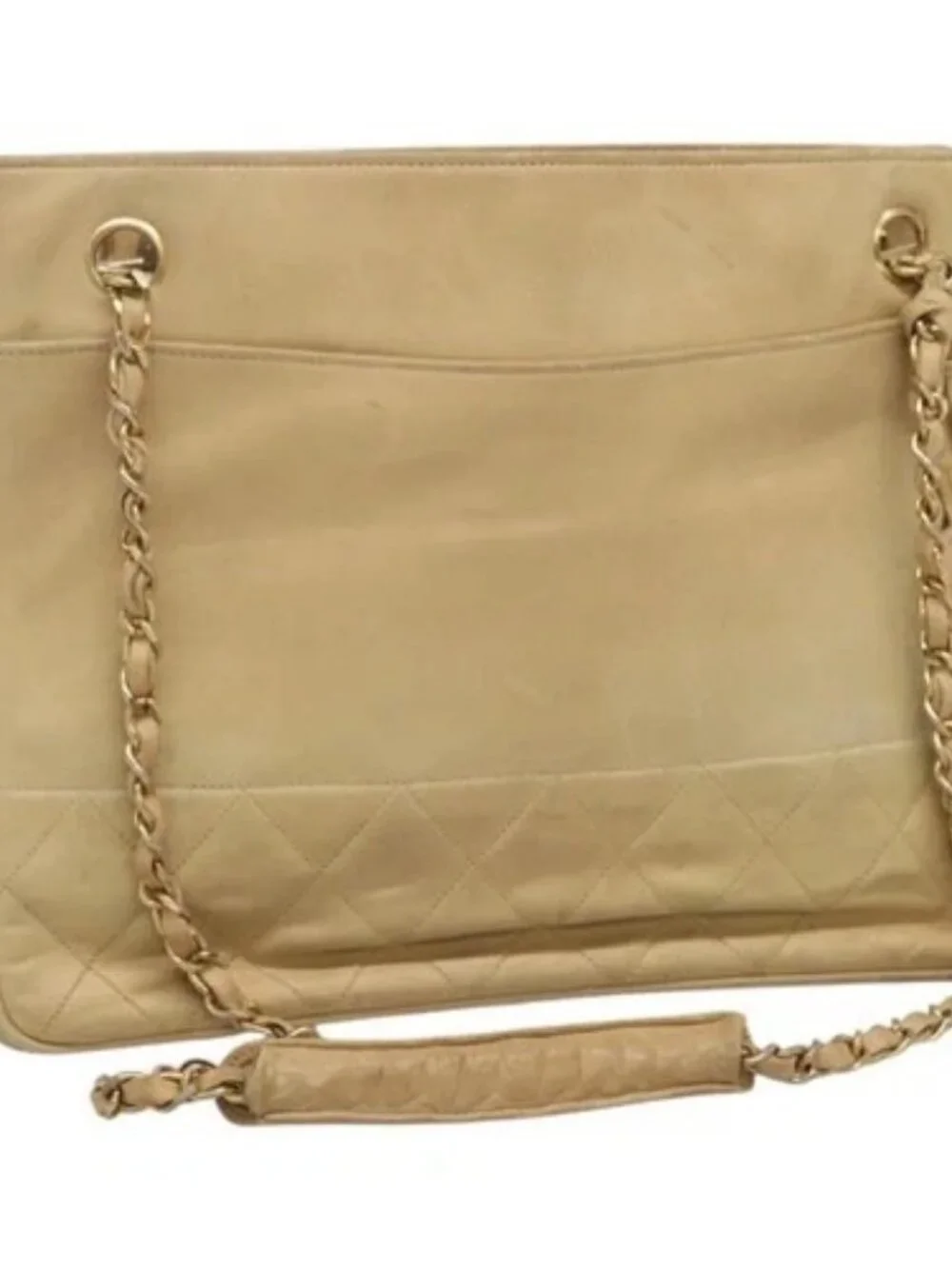 CHANEL Matelasse Chain Shoulder Bag Lamb Skin Beige CC Auth bs22414